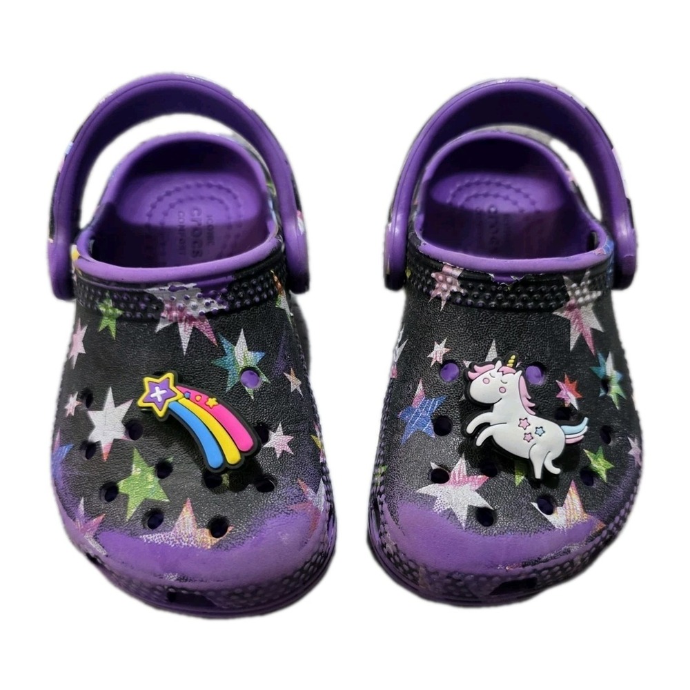 Crocs Toddler 6C Star Print Clogs Purple Waterproof Unicorn Rainbow‎ Jibbitz
